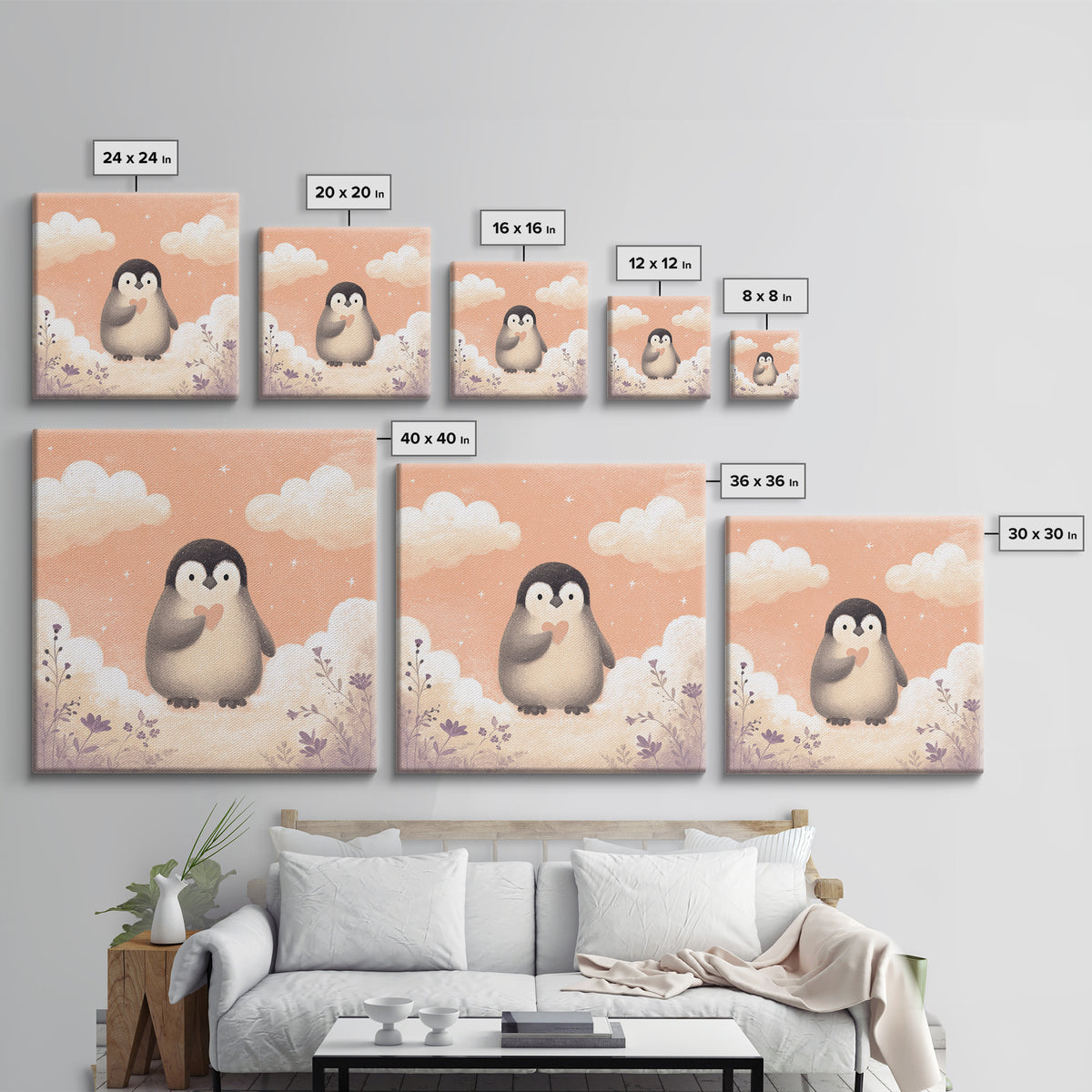 Penguin Holding a Little Heart Shape Canvas Print, Nursery Art, Gallery Decor, Nursery Decor, Fine Art, Nursery, Wall Art, NUR-1x1-82