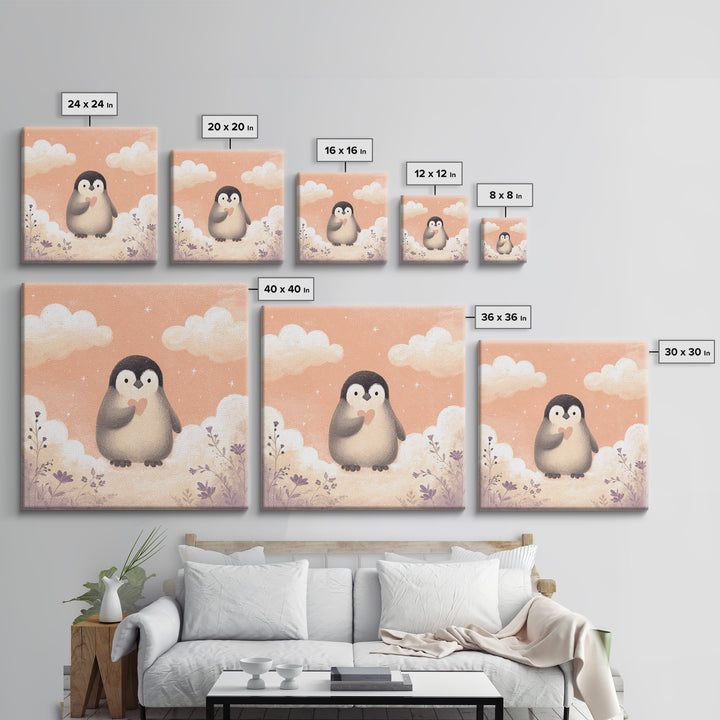 Penguin Holding a Little Heart Shape Canvas Print, Nursery Art, Gallery Decor, Nursery Decor, Fine Art, Nursery, Wall Art, NUR-1x1-82