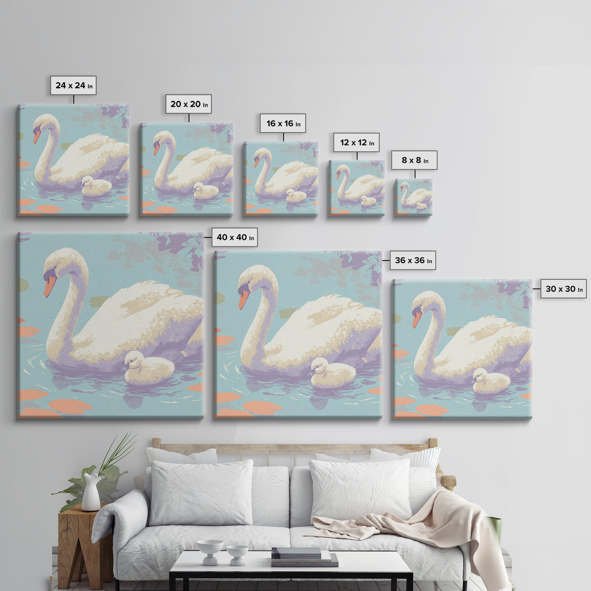 Swan and Cygnet Framed Canvas Print, Nursery Art, Textured Painting, Nursery Decor, Fine Art, Nursery, Wall Art Print, NUR-1x1-88