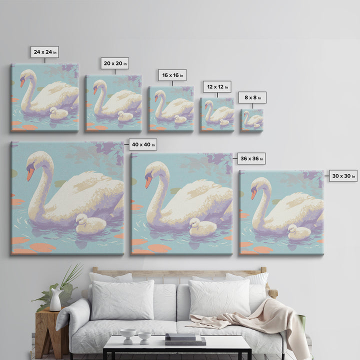 Swan and Cygnet Framed Canvas Print, Nursery Art, Textured Painting, Nursery Decor, Fine Art, Nursery, Wall Art Print, NUR-1x1-88