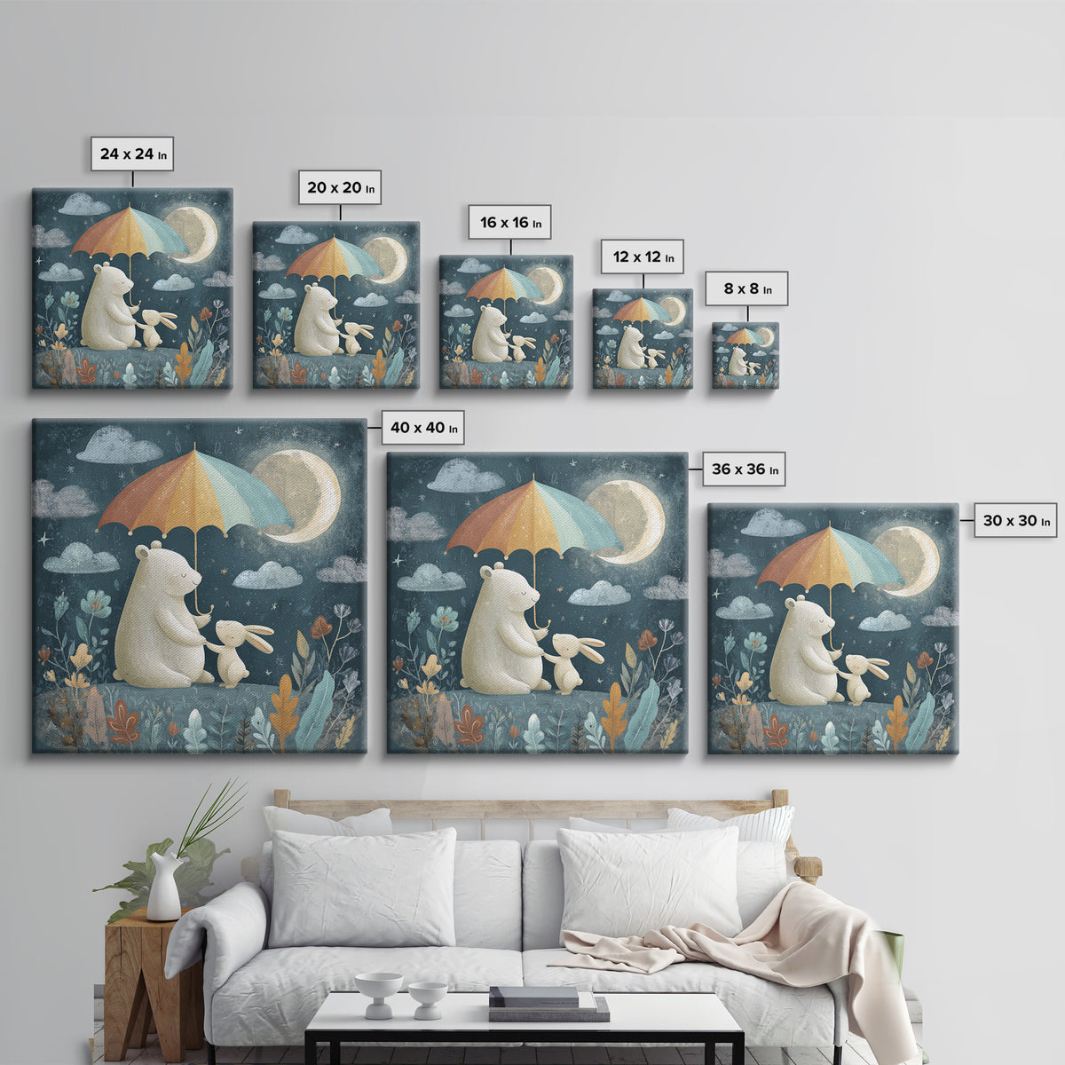 Bear and Rabbit Sharing Umbrella Canvas Print, Nursery Art, Boho Decor, Nursery Decor, Fine Art, Nursery, Wall Hangings, NUR-1x1-89