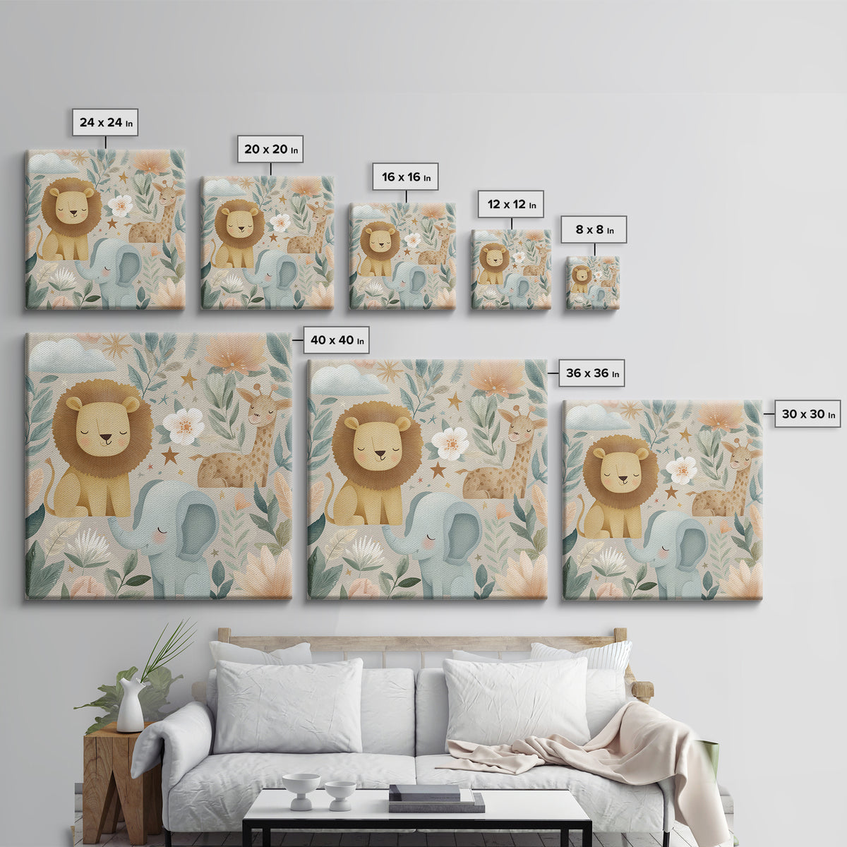 Pastel Jungle Animals Canvas Print, Nursery Art, Kids Room Art, Nursery Decor, Fine Art, Nursery, Textured Painting, NUR-1x1-90