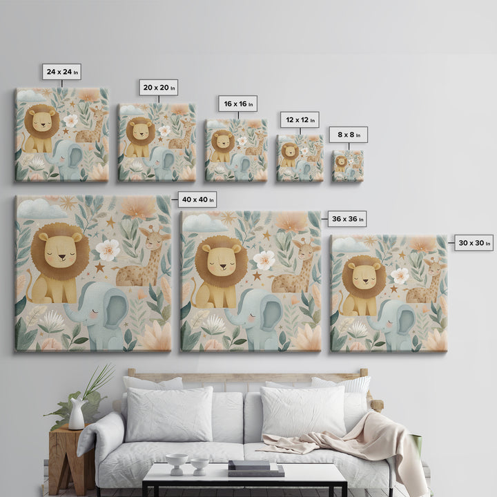 Pastel Jungle Animals Canvas Print, Nursery Art, Kids Room Art, Nursery Decor, Fine Art, Nursery, Textured Painting, NUR-1x1-90
