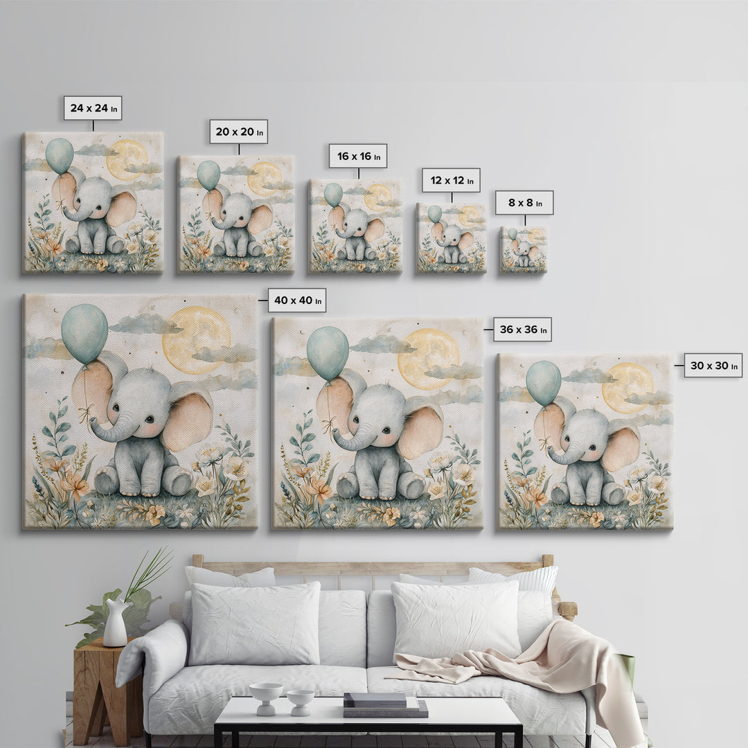 Sleepy Baby Elephant Holding a Tiny Balloon Canvas Print, Nursery Art, Wall Art, Nursery Decor, Oil Painting, Nursery, NUR-1x1-97