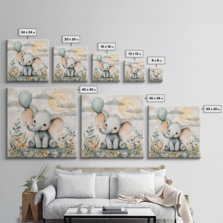 Sleepy Baby Elephant Holding a Tiny Balloon Canvas Print, Nursery Art, Wall Art, Nursery Decor, Oil Painting, Nursery, NUR-1x1-97