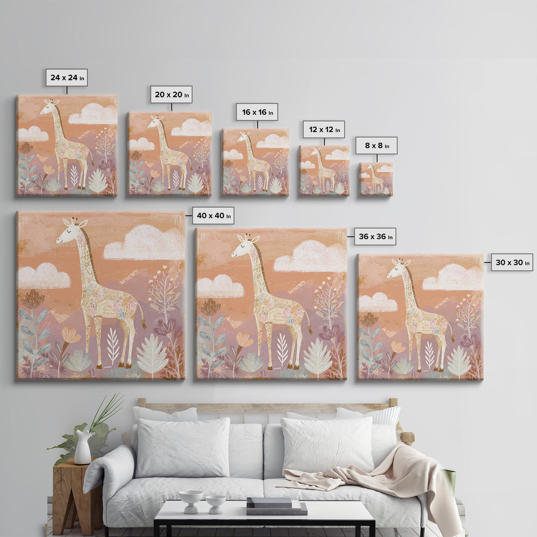 Gentle Giraffe with Pastel Flowers Canvas Print, Nursery Art, Statement Artwork, Nursery Decor, Fine Art, Nursery, NUR-1x1-98