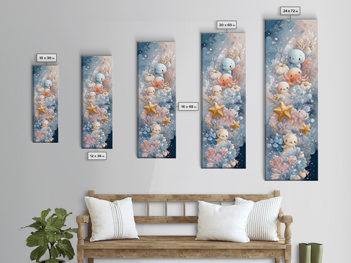 Friendly Ocean Creatures Canvas Print, Nursery Art, Statement Artwork, Nursery Decor, Fine Art, Nursery, Printable Wall Art, NUR-1x3-12