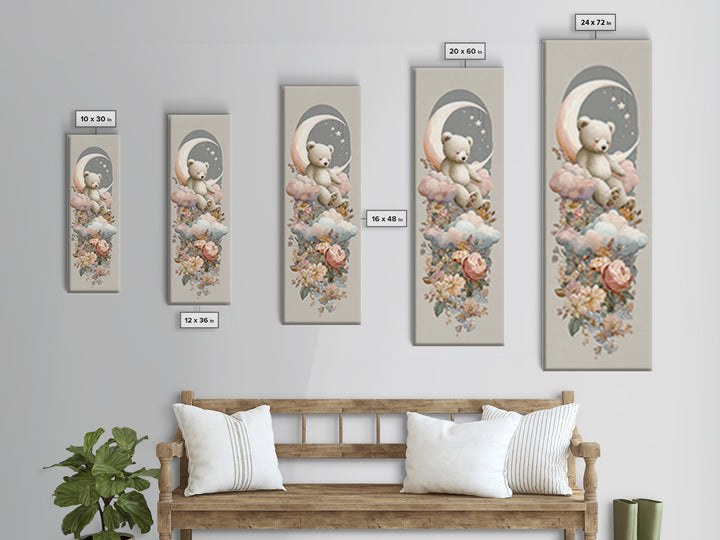 Baby Bear Floating on a Crescent Moon Canvas Print, Nursery Art, Dinosaur Wall Art, Nursery Decor, Fine Art, Nursery, NUR-1x3-18