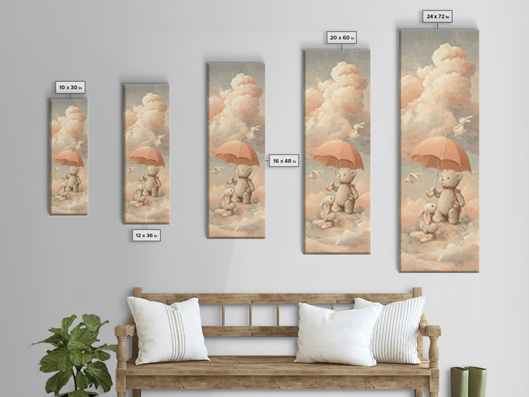 Bear and Rabbit Sharing Umbrella Framed Canvas Print, Nursery Art, Neutral Decor, Nursery Decor, Fine Art, Nursery, Wall Decor, NUR-1x3-29