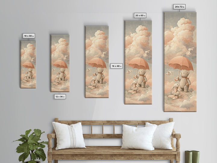 Bear and Rabbit Sharing Umbrella Framed Canvas Print, Nursery Art, Neutral Decor, Nursery Decor, Fine Art, Nursery, Wall Decor, NUR-1x3-29