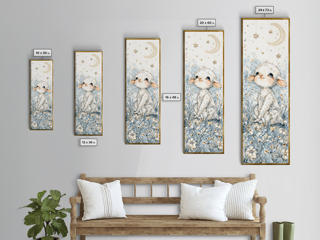 Little Lamb under a Starry Sky Framed Canvas Print, Nursery Art, Wall Hangings, Nursery Decor, Watercolor Art, Nursery, NUR-1x3-31