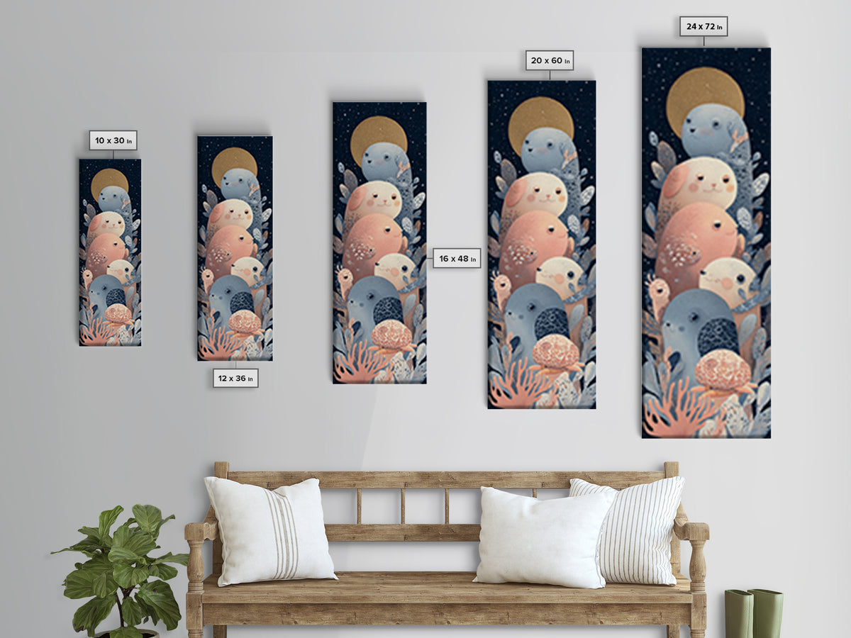 Friendly Ocean Creatures Framed Canvas Print, Nursery Art, Nursery Decor, Watercolor Art, Nursery, Wall Art Print, NUR-1x3-36