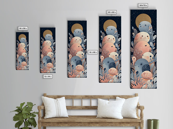 Friendly Ocean Creatures Framed Canvas Print, Nursery Art, Nursery Decor, Watercolor Art, Nursery, Wall Art Print, NUR-1x3-36