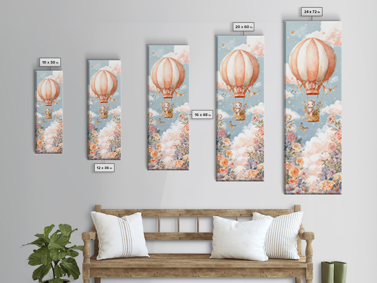 Floating Hot Air Balloon Canvas Print, Nursery Art, Wall Art, Nursery Decor, Watercolor Art, Nursery, Nursery Prints, NUR-1x3-48