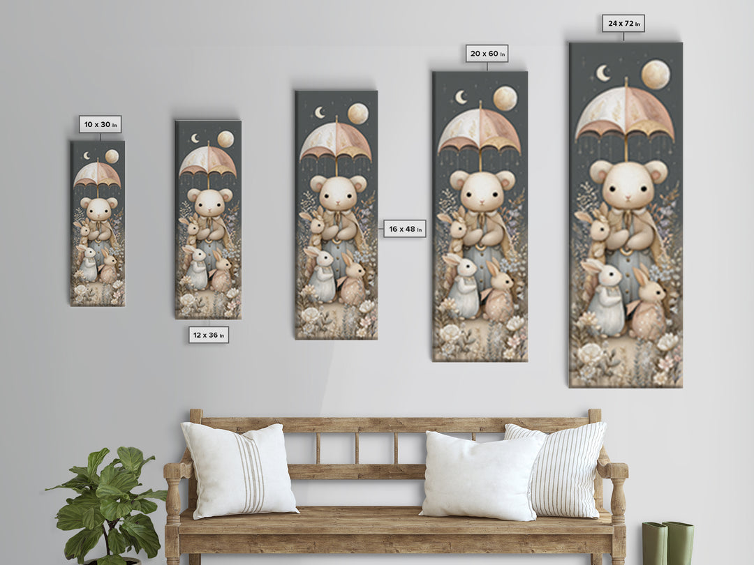 Bear and Rabbit Sharing Umbrella Canvas Print, Nursery Art, Dinosaur Wall Art, Nursery Decor, Fine Art, Nursery, Room Decor, NUR-1x3-5
