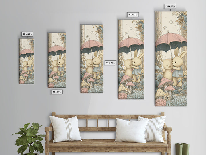 Bear and Rabbit Sharing Umbrella Framed Canvas Print, Nursery Art, Neutral Decor, Nursery Decor, Fine Art, Nursery, Wall Decor, NUR-1x3-53