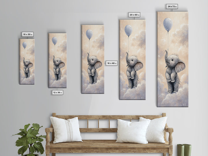 Sleepy Baby Elephant Holding a Tiny Balloon Framed Canvas Print, Nursery Art, Textured Painting, Nursery Decor, Nursery, NUR-1x3-61