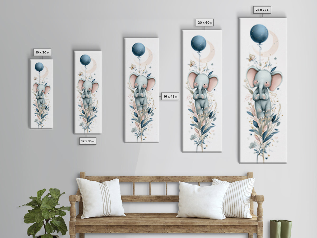 Sleepy Baby Elephant Holding a Tiny Balloon Canvas Print, Nursery Art, Art Print, Nursery Decor, Nursery 385, Wall Art Set of, NUR-1x3-85