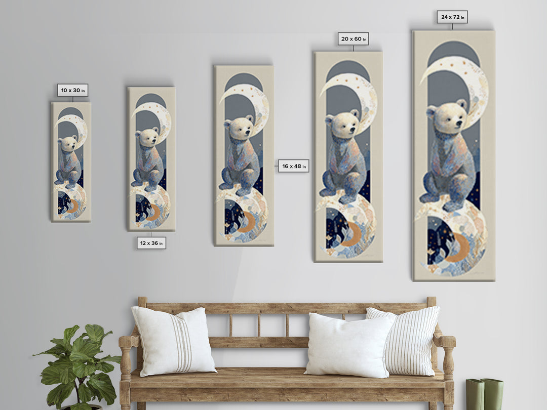 Baby Bear Floating on a Crescent Moon Canvas Print, Nursery Art, Luxury Decor, Nursery Decor, Oil Painting, Nursery, NUR-1x3-90