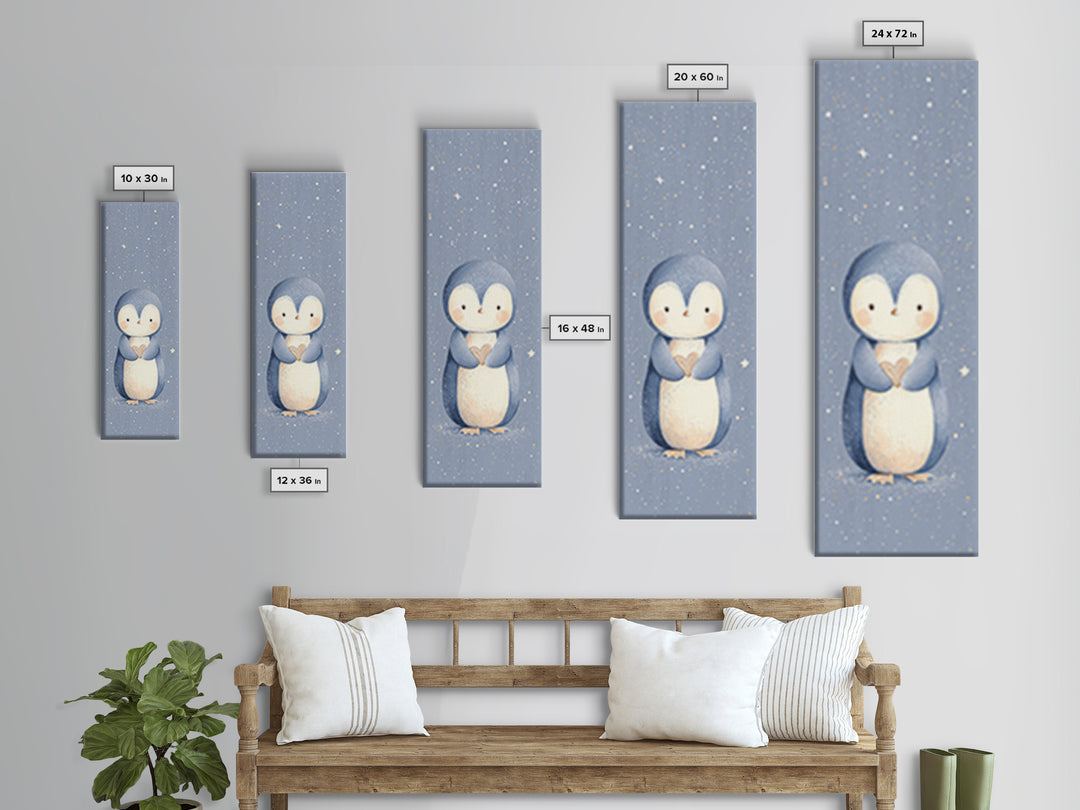 Penguin Holding a Little Heart Shape Canvas Print, Nursery Art, Modern Decor, Nursery Decor, Abstract Art, Nursery, Art Print, NUR-1x3-94