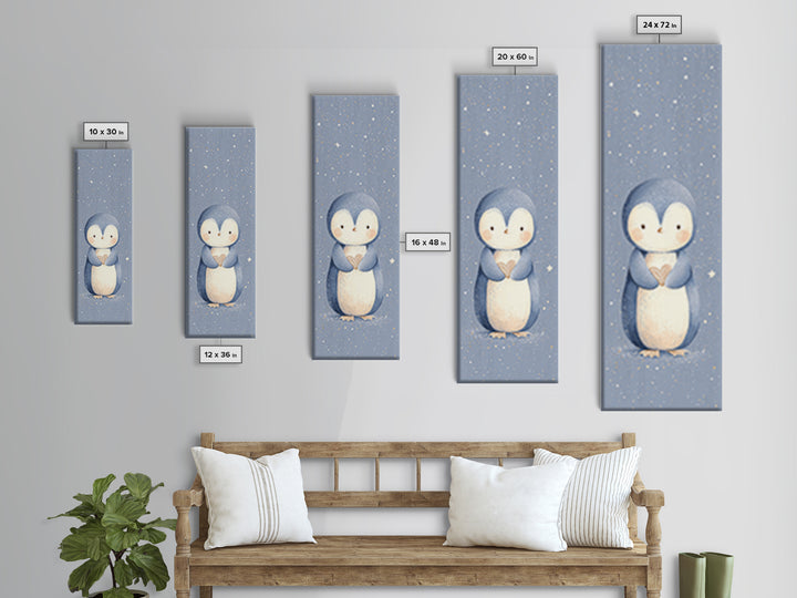 Penguin Holding a Little Heart Shape Canvas Print, Nursery Art, Modern Decor, Nursery Decor, Abstract Art, Nursery, Art Print, NUR-1x3-94
