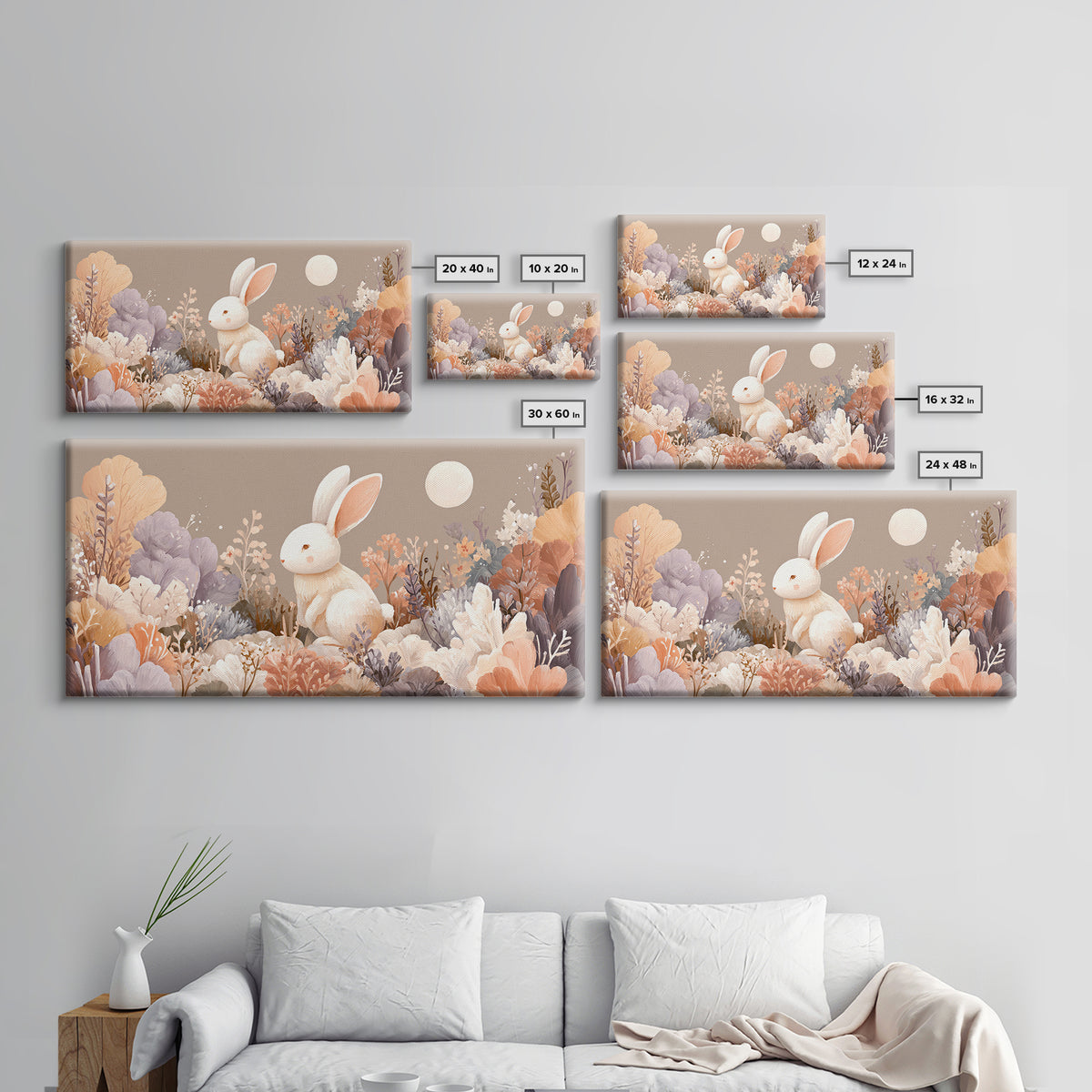 Soft Bunny in a Wildflower Meadow Framed Canvas Print, Nursery Art, Wall Decor, Nursery Decor, Oil Painting, Nursery, NUR-2x1-1