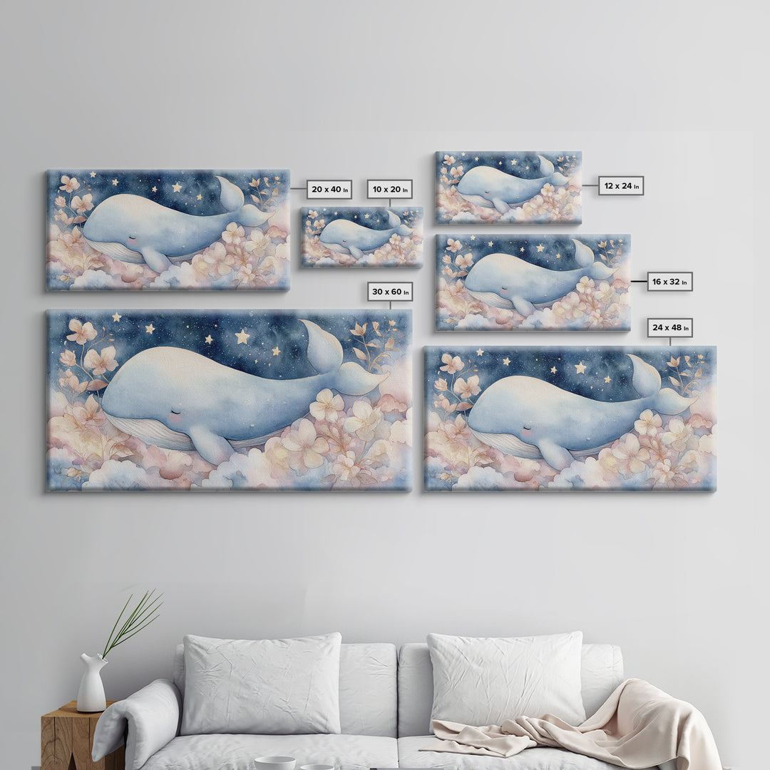 Whale and Tiny Stars Framed Canvas Print, Nursery Art, Playroom Wall Decor, Nursery Decor, Fine Art, Nursery, Modern Decor, NUR-2x1-100
