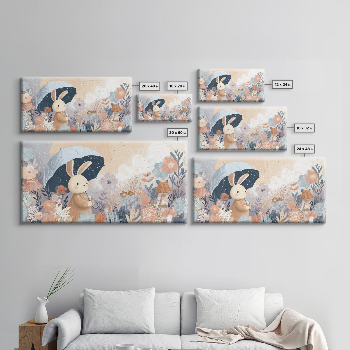 Bear and Rabbit Sharing Umbrella Framed Canvas Print, Nursery Art, Minimalist Decor, Nursery Decor, Fine Art, Nursery, NUR-2x1-13