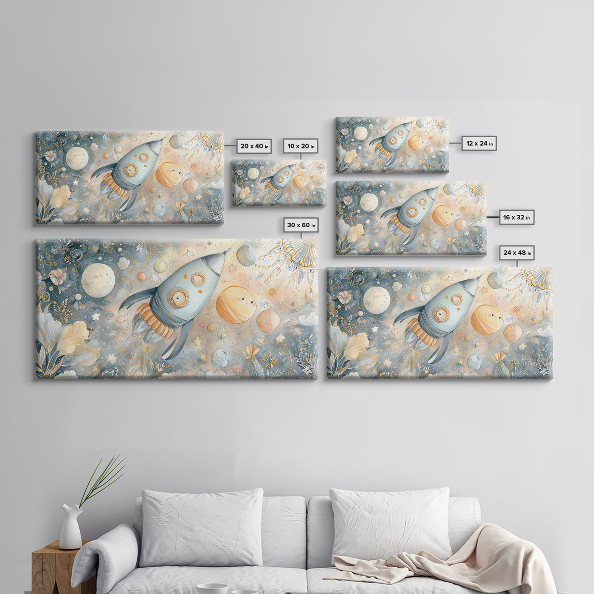Rocket Ship and Smiling Planets Canvas Print, Nursery Art, Contemporary Art, Nursery Decor, Fine Art, Nursery, Nursery Prints, NUR-2x1-17