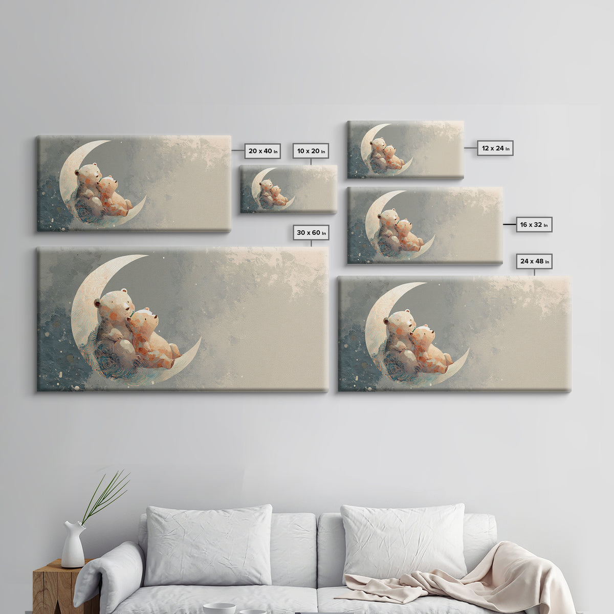 Baby Bear Floating on a Crescent Moon Canvas Print, Nursery Art, Boho Decor, Nursery Decor, Abstract Art, Nursery, NUR-2x1-2