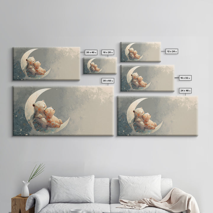 Baby Bear Floating on a Crescent Moon Canvas Print, Nursery Art, Boho Decor, Nursery Decor, Abstract Art, Nursery, NUR-2x1-2