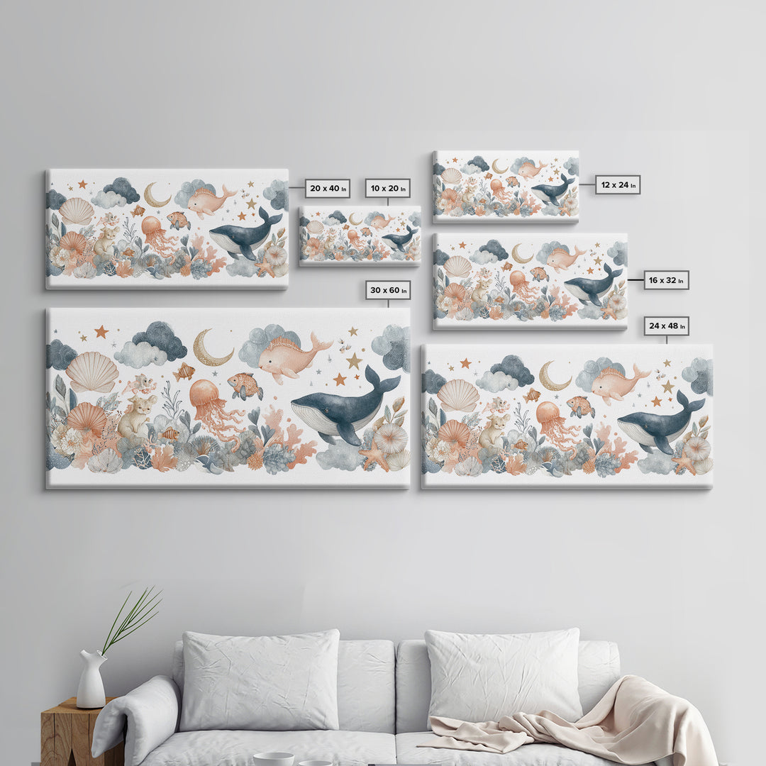 Friendly Ocean Creatures Framed Canvas Print, Nursery Art, Fine Art Print, Nursery Decor, Watercolor Art, Nursery, Digital Art, NUR-2x1-20