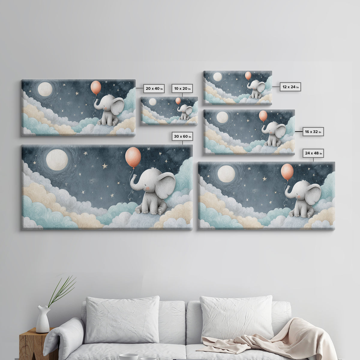 Sleepy Baby Elephant Holding a Tiny Balloon Canvas Print, Nursery Art, Wall Art, Nursery Decor, Oil Painting, Nursery, NUR-2x1-21