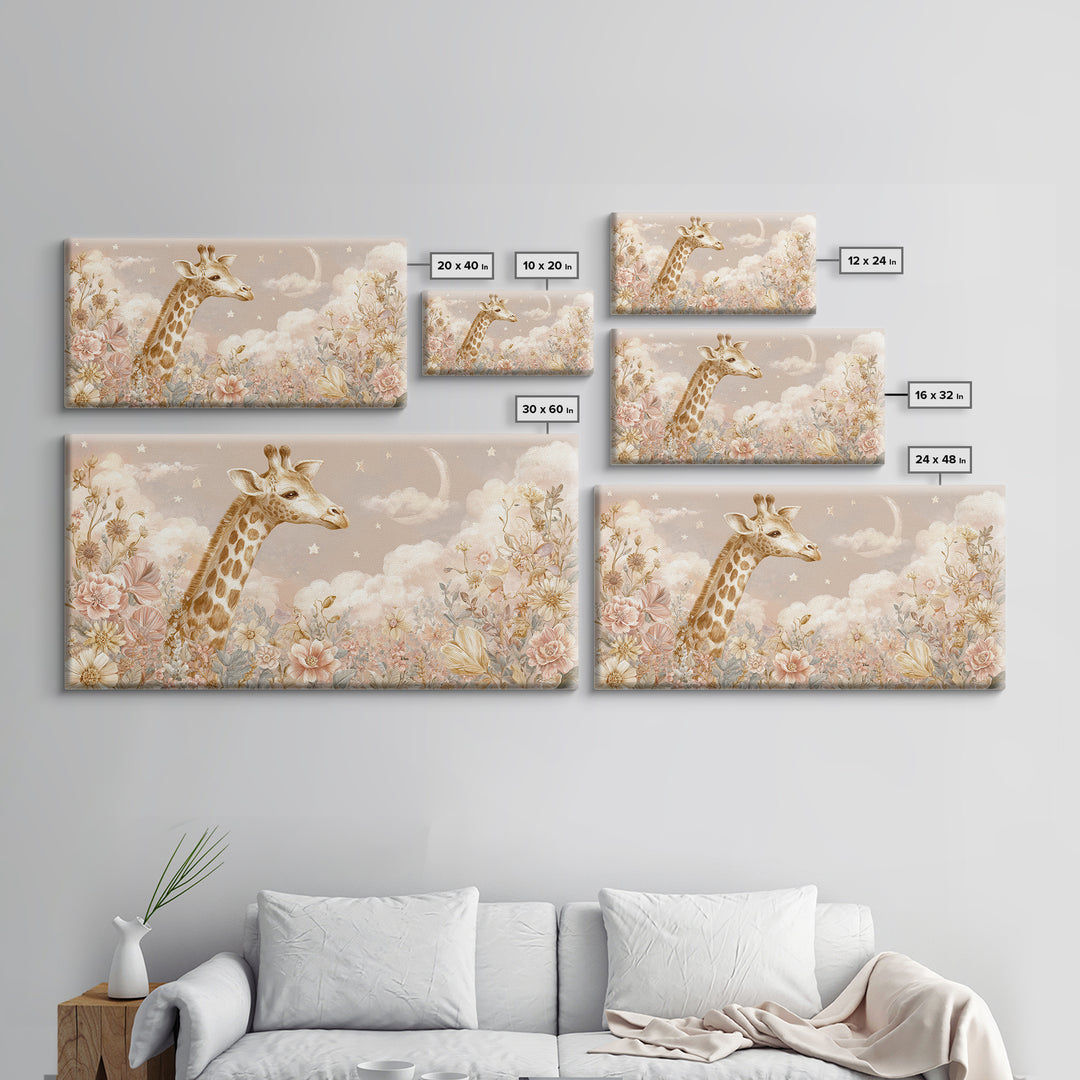Gentle Giraffe with Pastel Flowers Canvas Print, Nursery Art, Statement Artwork, Nursery Decor, Fine Art, Nursery, NUR-2x1-22