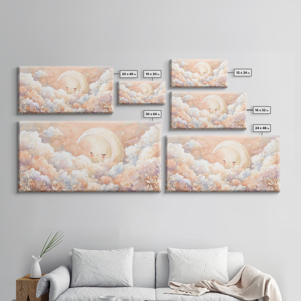 Moon and Stars Framed Canvas Print, Nursery Art, Nursery Decor, Watercolor Art, Nursery, Kids Wall Art, Woodland Nursery, NUR-2x1-23