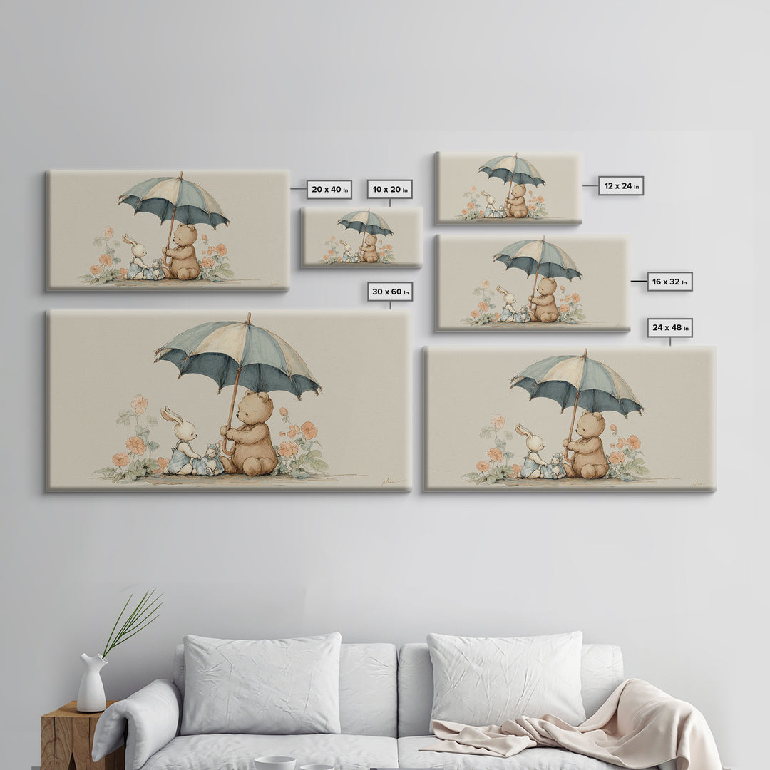 Bear and Rabbit Sharing Umbrella Framed Canvas Print, Nursery Art, Minimalist Decor, Nursery Decor, Fine Art, Nursery, NUR-2x1-37
