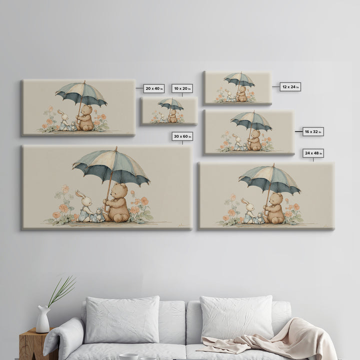 Bear and Rabbit Sharing Umbrella Framed Canvas Print, Nursery Art, Minimalist Decor, Nursery Decor, Fine Art, Nursery, NUR-2x1-37
