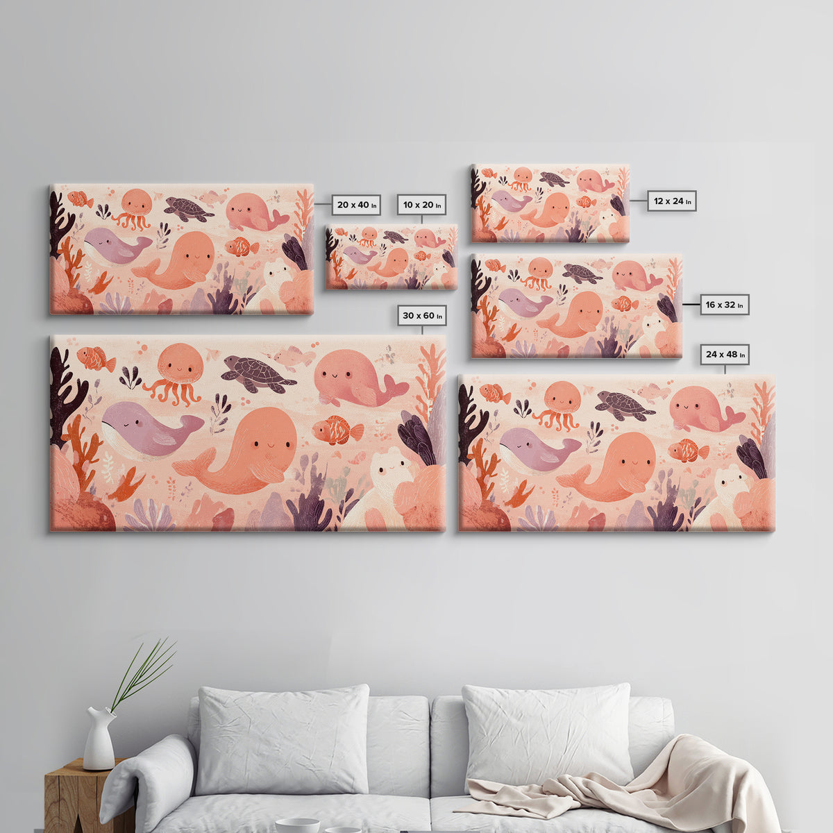 Friendly Ocean Creatures Canvas Print, Nursery Art, Textured Painting, Nursery Decor, Fine Art, Nursery, Wall Art Print, NUR-2x1-44