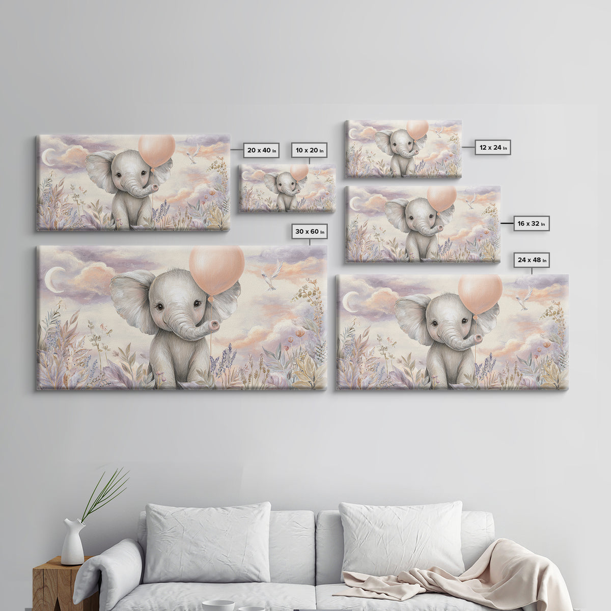 Sleepy Baby Elephant Holding a Tiny Balloon Framed Canvas Print, Nursery Art, Nursery Decor, Fine Art, Nursery, Kids Wall Art, NUR-2x1-45