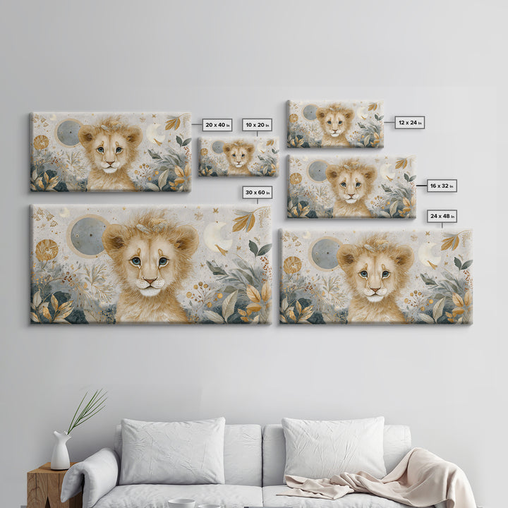 Lion Cub with Soft Golden Mane Framed Canvas Print, Nursery Art, Nursery Decor, Watercolor Art, Nursery 105, Wall Art Set of, NUR-2x1-5