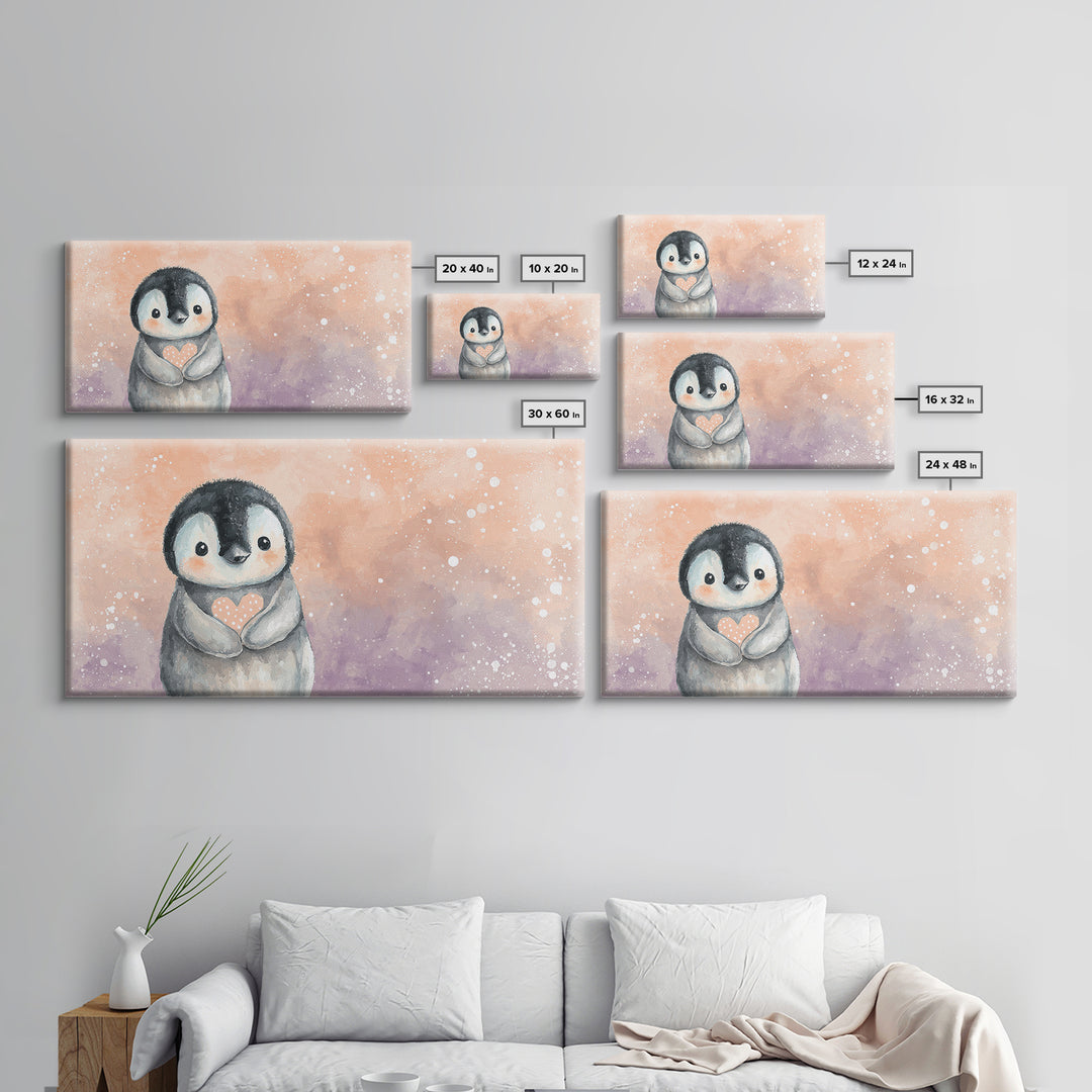Penguin Holding a Little Heart Shape Canvas Print, Nursery Art, Contemporary Art, Nursery Decor, Abstract Art, Nursery, NUR-2x1-54