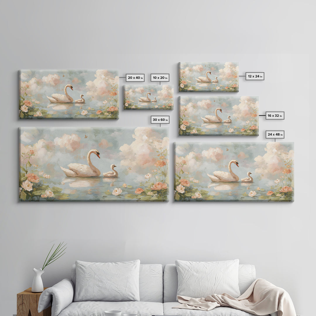 Swan and Cygnet Framed Canvas Print, Nursery Art, Nursery Decor, Oil Painting, Nursery, Kids Wall Art, Woodland Nursery, NUR-2x1-60