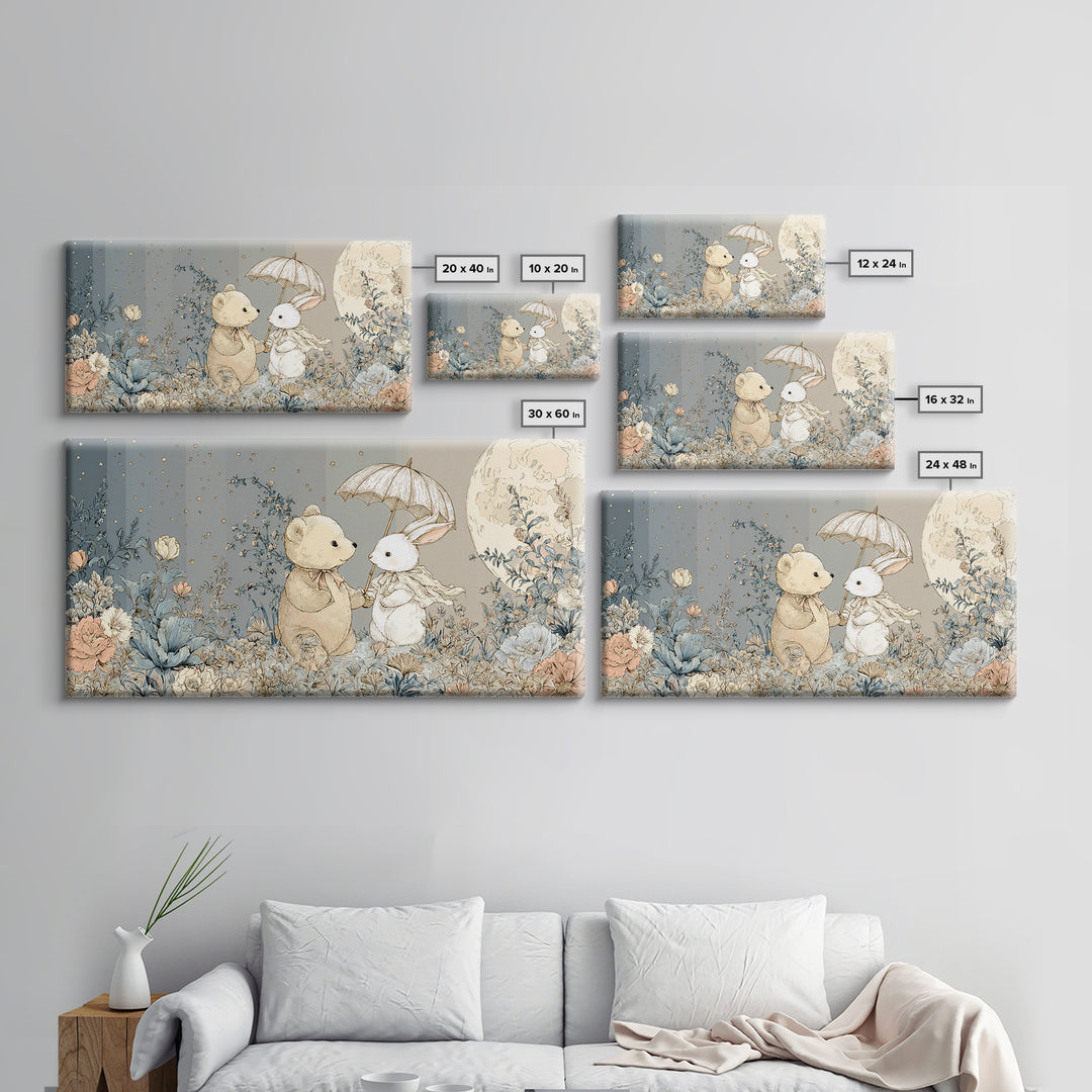Bear and Rabbit Sharing Umbrella Canvas Print, Nursery Art, Printable Wall Art, Nursery Decor, Nursery, Butterfly Wall Art, NUR-2x1-61