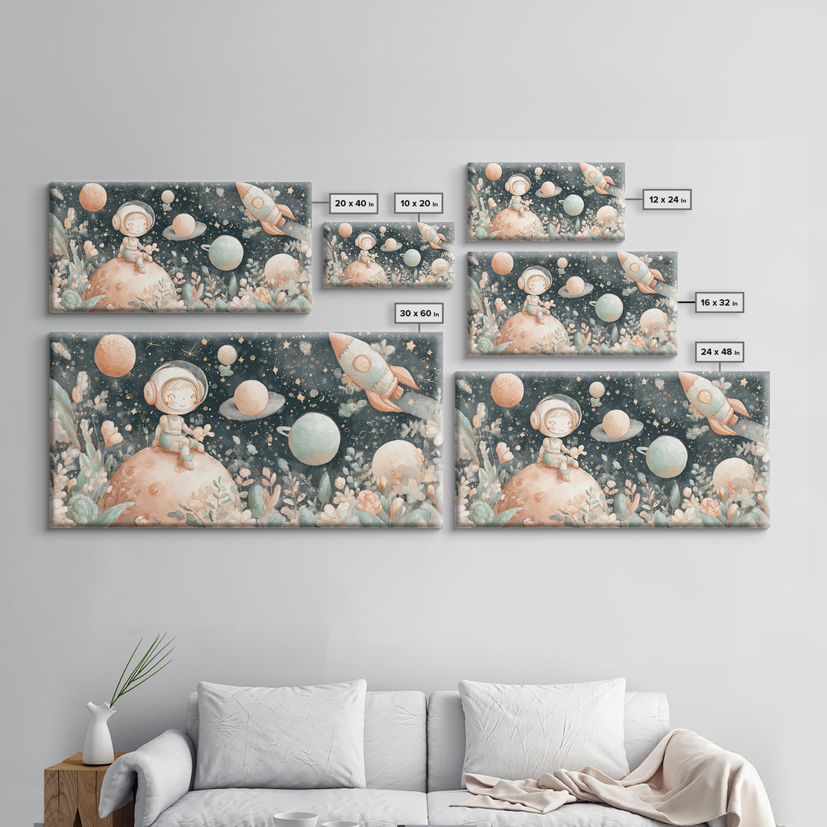 Rocket Ship and Smiling Planets Framed Canvas Print, Nursery Art, Wall Hangings, Nursery Decor, Abstract Art, Nursery, NUR-2x1-65