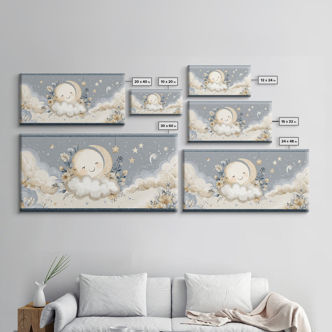 Moon and Stars Canvas Print, Nursery Art, Playroom Wall Art, Nursery Decor, Abstract Art, Nursery, Statement Artwork, NUR-2x1-71