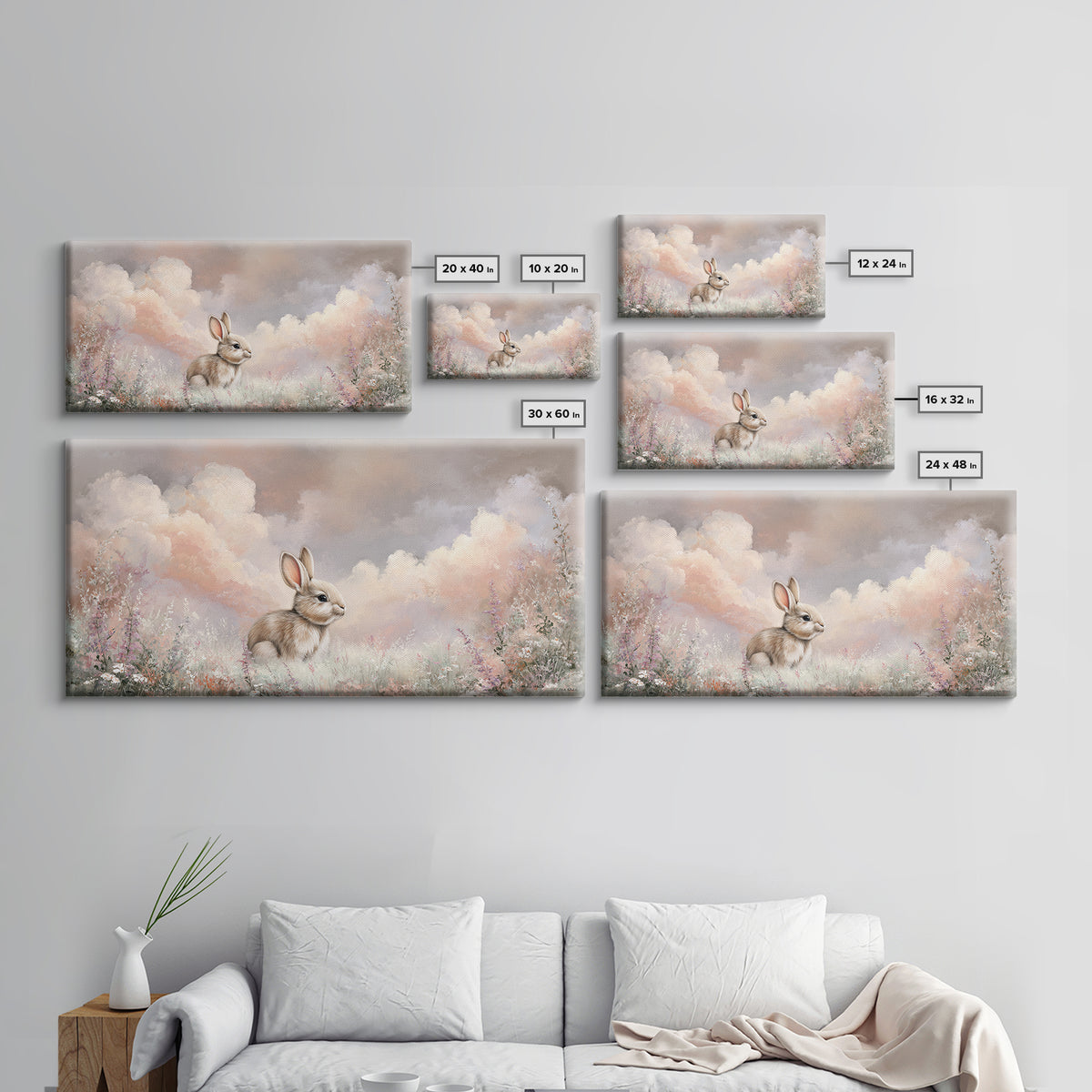 Soft Bunny in a Wildflower Meadow Canvas Print, Nursery Art, Nursery Wall Art, Nursery Decor, Watercolor Art, Nursery, NUR-2x1-73