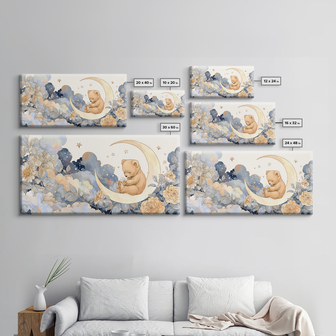 Baby Bear Floating on a Crescent Moon Canvas Print, Nursery Art, Printable Wall Art, Nursery Decor, Watercolor Art, Nursery, NUR-2x1-74