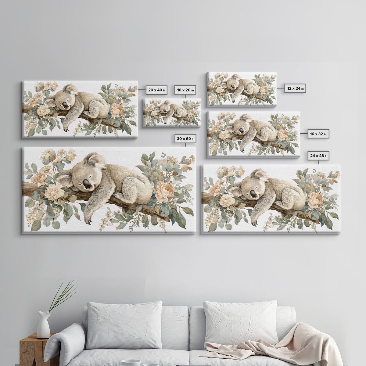 Sleeping Koala on Eucalyptus Branch Framed Canvas Print, Nursery Art, Nursery, Nursery Decor, Nursery, Playroom Wall Decor, NUR-2x1-81