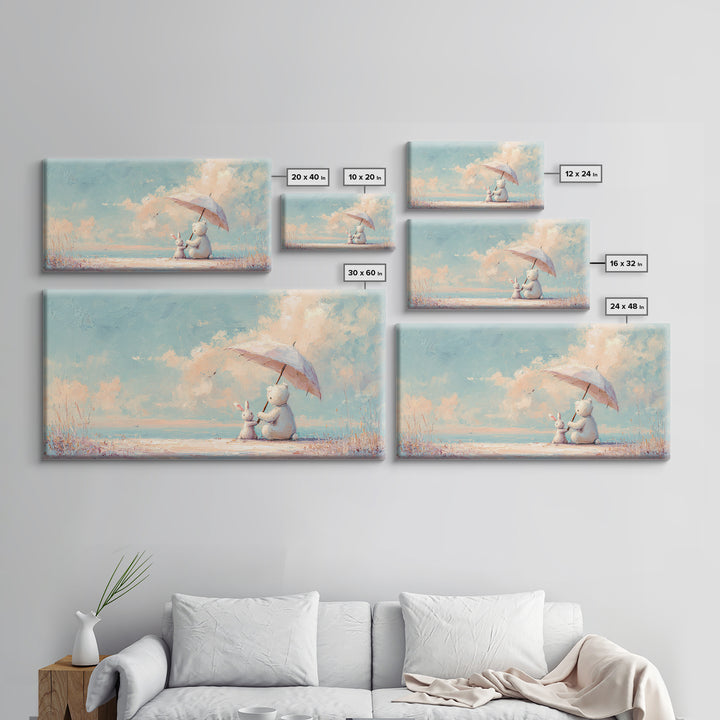 Bear and Rabbit Sharing Umbrella Framed Canvas Print, Nursery Art, Wall Art Print, Nursery Decor, Nursery, Baby Girl Nursery, NUR-2x1-85