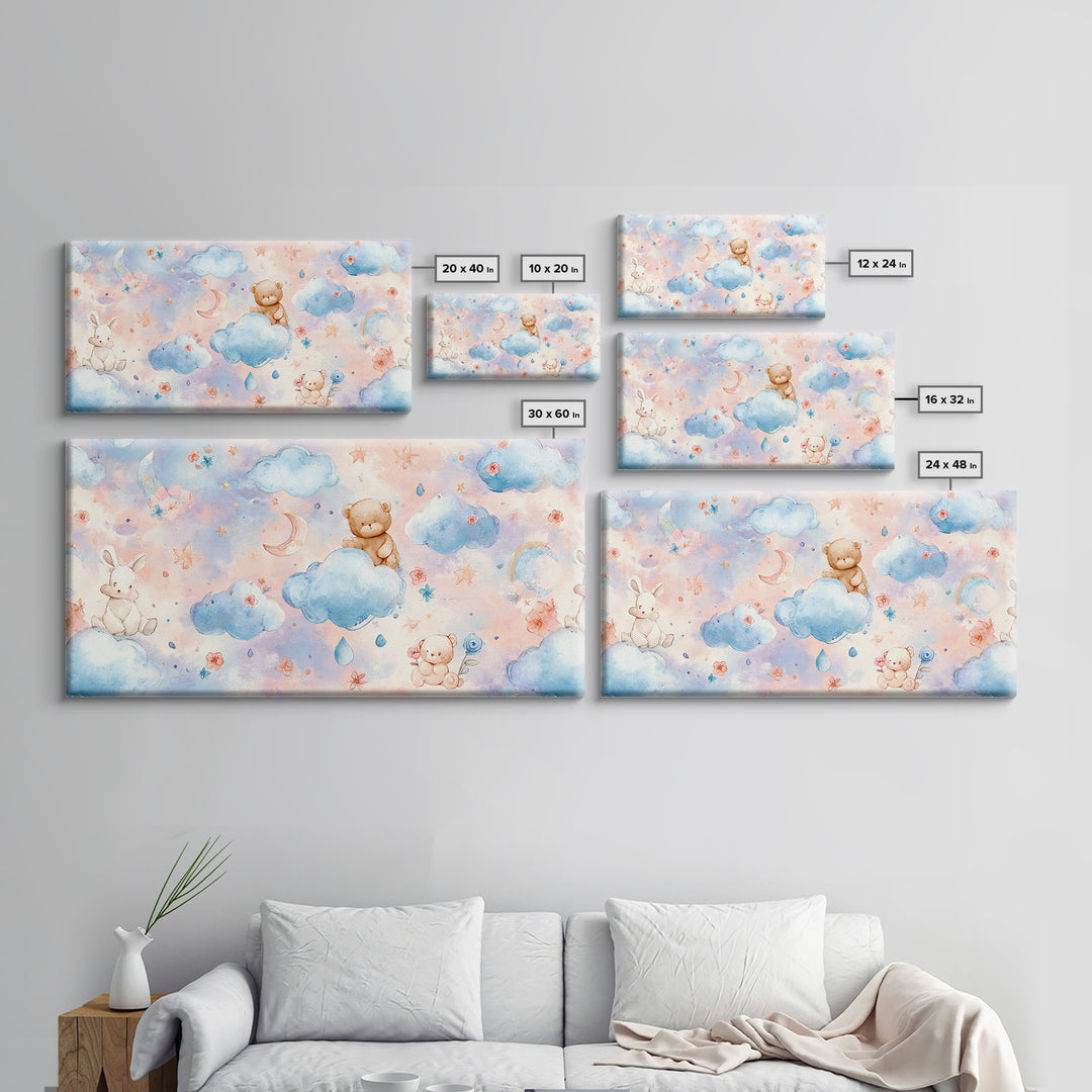Clouds and Raindrops Framed Canvas Print, Nursery Art, Art Print, Nursery Decor, Oil Painting, Nursery 190, Wall Art Set of, NUR-2x1-90